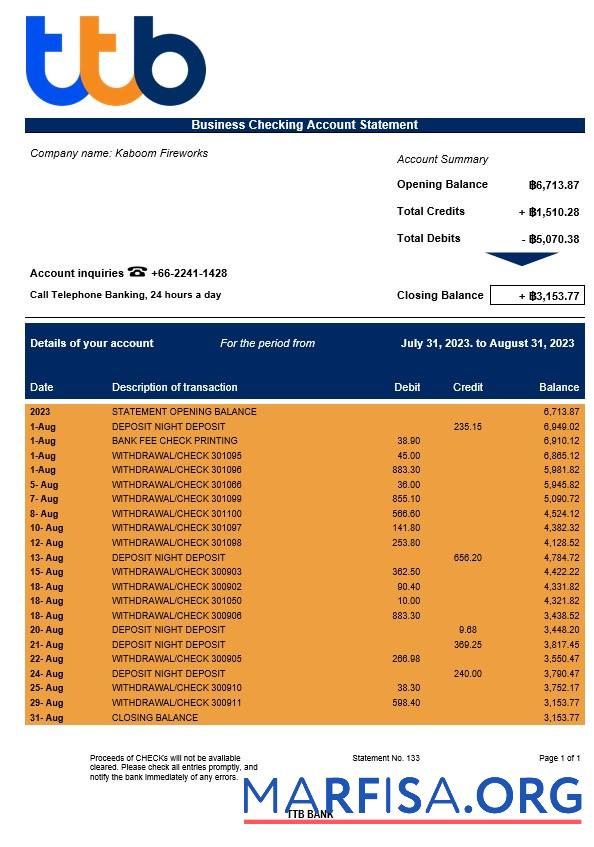Blank TTB Bank corporate checking account statement Word and PDF template